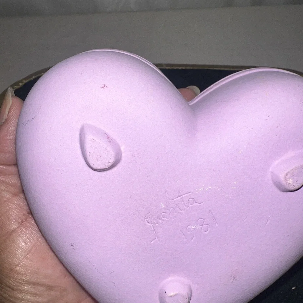 Vintage Signed Juanita  Ceramics Heart Floral Jewelry Trinket Box  Pink  Purple